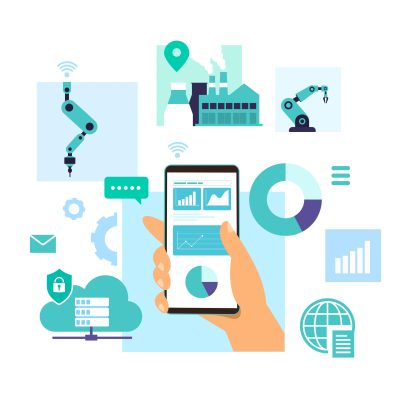 Mobile control, Data analysis, and Assembly process in smart factory concept. Isolated Flat Vector illustration